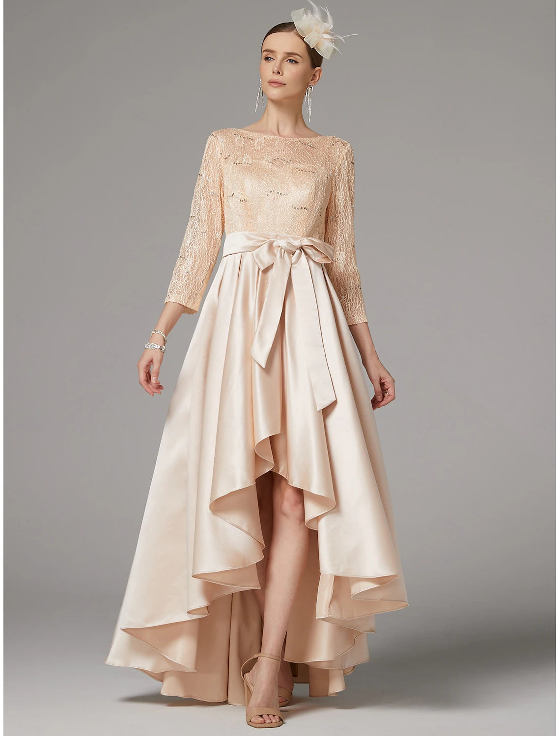 Buyishang A-Line Dress Mother of the Bride Dress Elegant Plus Size High Low Jewel Neck Asymmetrical Satin Lace 3/4 Length Sleeve with Sash / Ribbon Appliques